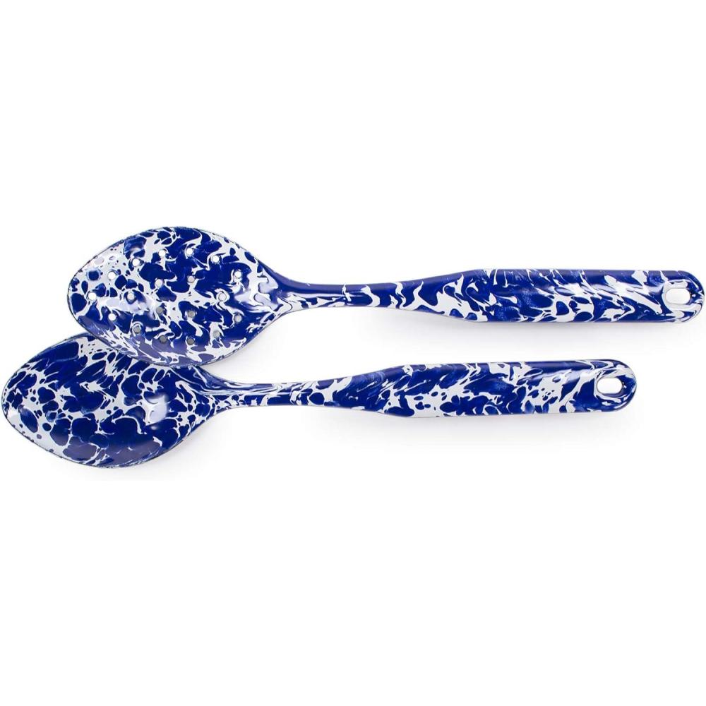 image:imageGolden Rabbit Enamelware 2piece Spoon Set Slotted and Regular Solid White TexturedCobalt Swirl