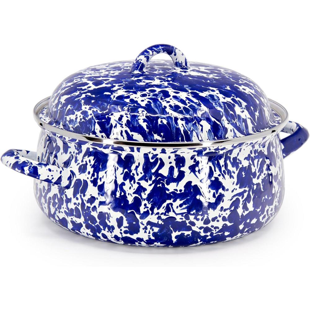 image:imageGolden Rabbit Enamelware Dutch Oven 4 quart Solid White TexturedCobalt Swirl