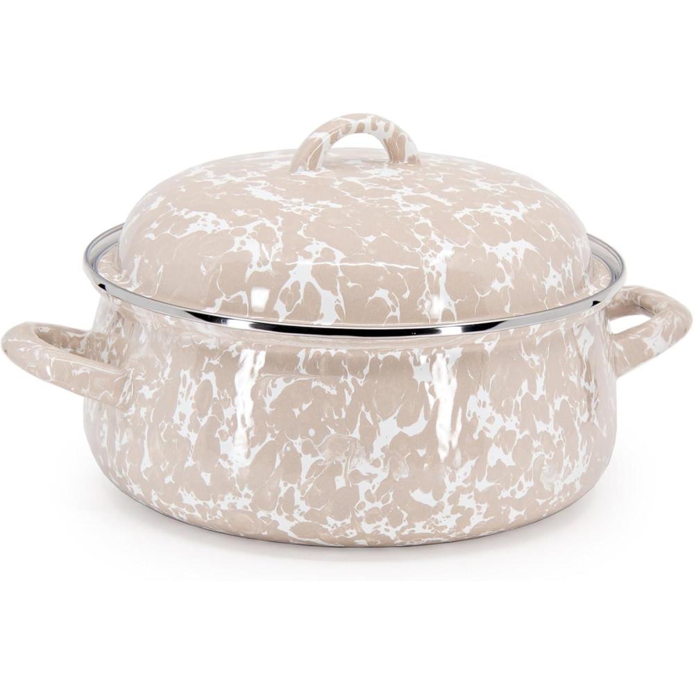image:imageGolden Rabbit Enamelware Dutch Oven 4 quart Solid White TexturedTaupe Swirl