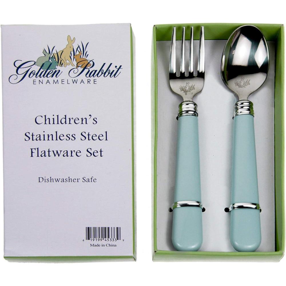 image:imageGolden Rabbit Enamelware Flatware Gift Set Fork and Spoon Solid White TexturedRobins Egg