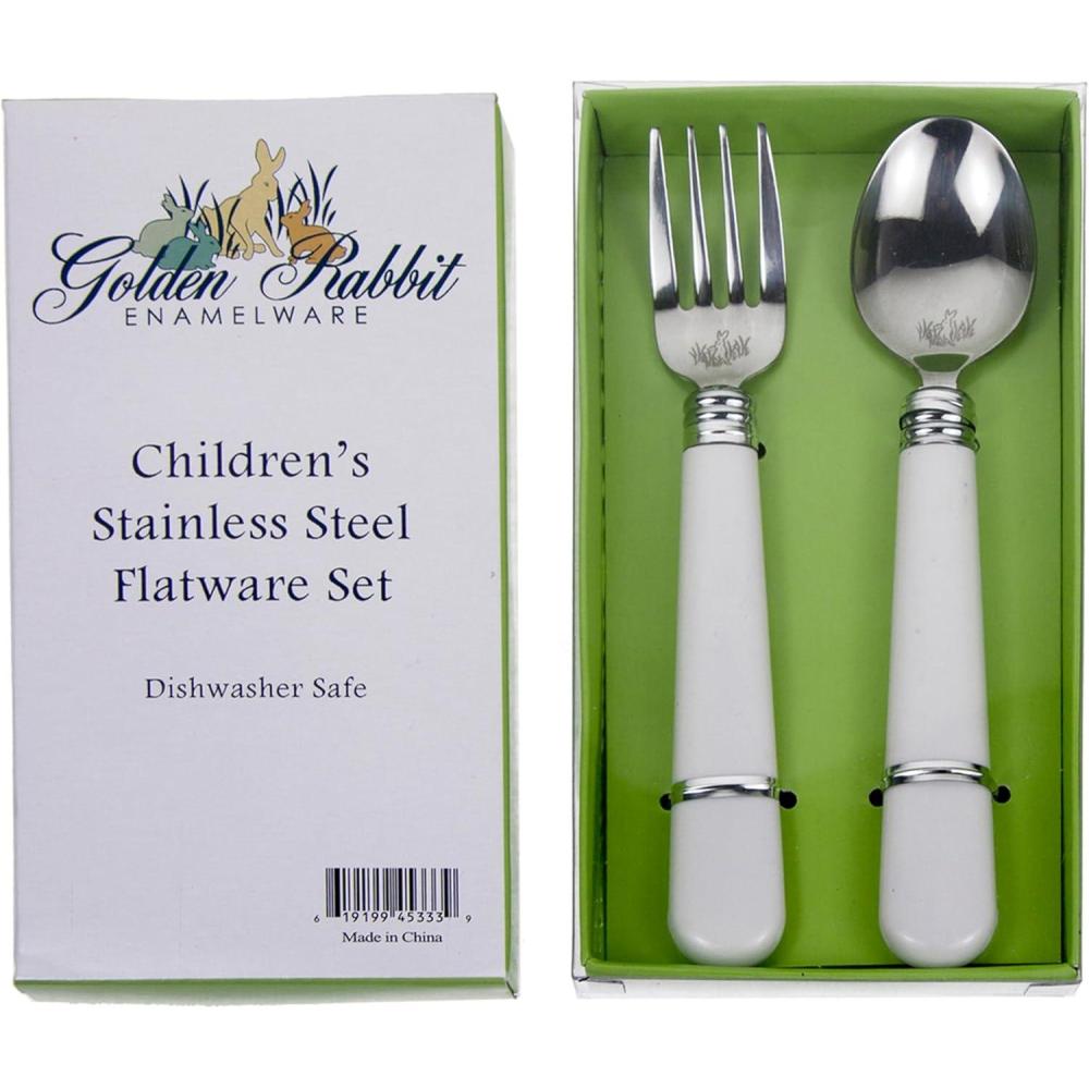 image:imageGolden Rabbit Enamelware Flatware Gift Set Fork and Spoon Solid White TexturedSolid White Textured