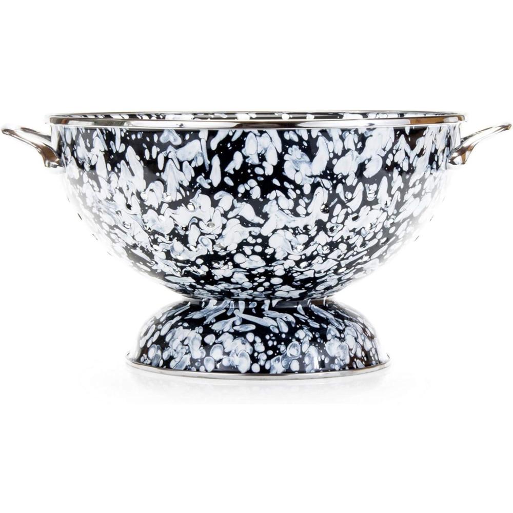 image:imageGolden Rabbit Enamelware Large Colander 5 quart Solid White TexturedBlack Swirl