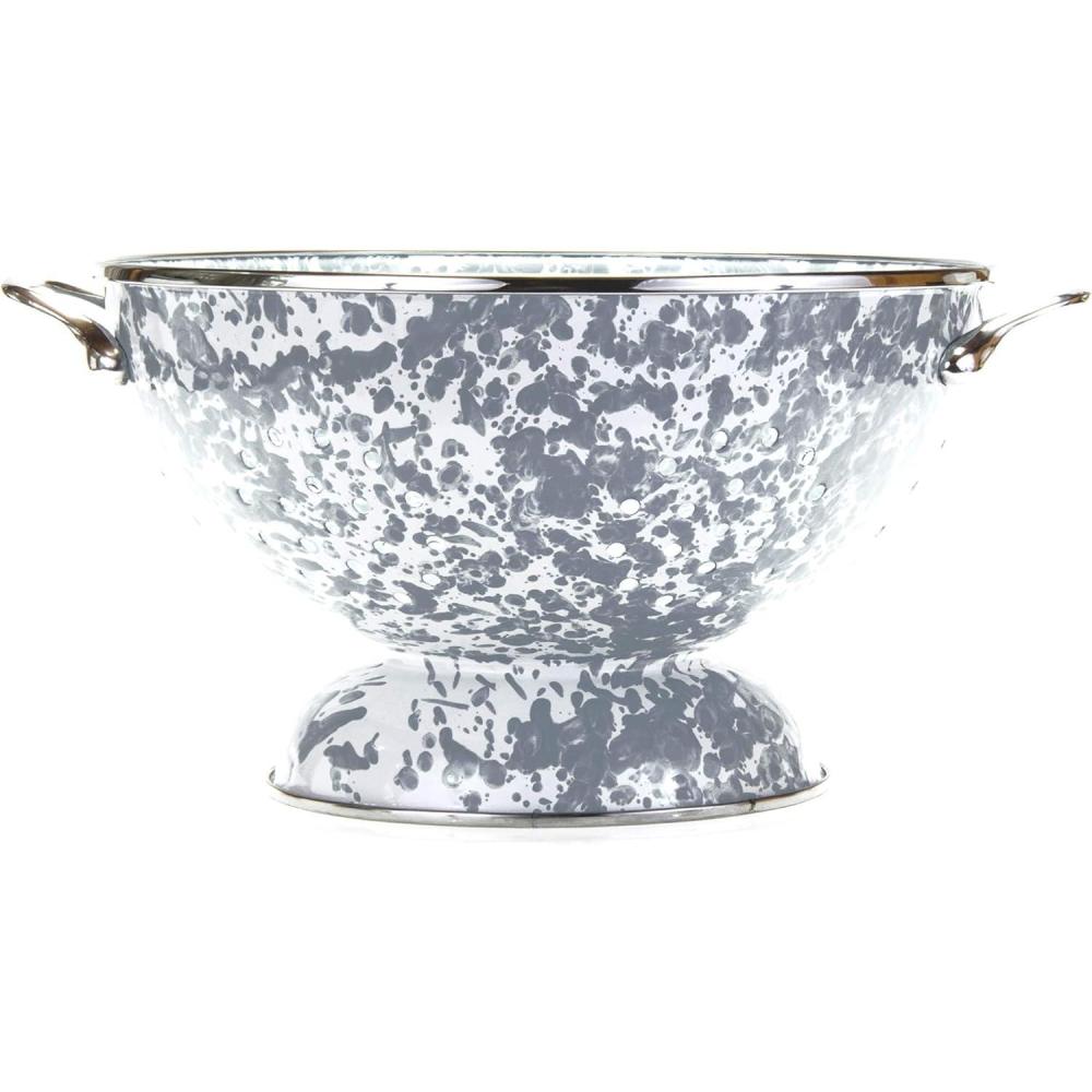 image:imageGolden Rabbit Enamelware Large Colander 5 quart Solid White TexturedGrey Swirl