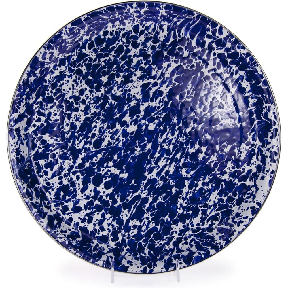 image:imageGolden Rabbit Enamelware Large Serving Tray 20 inch Solid White TexturedCobalt Swirl