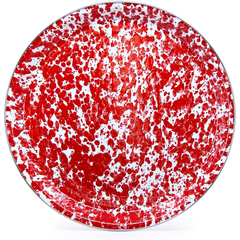 image:imageGolden Rabbit Enamelware Large Serving Tray 20 inch Solid White TexturedRed Swirl