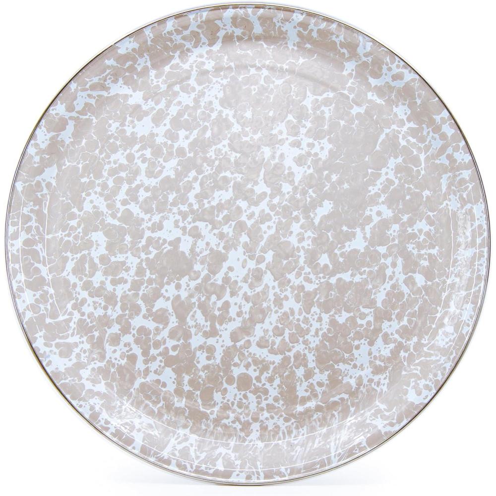 image:imageGolden Rabbit Enamelware Large Serving Tray 20 inch Solid White TexturedTaupe Swirl