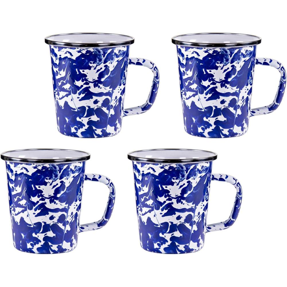 image:imageGolden Rabbit Enamelware Latte Coffee or Tea Mugs 16 ounce Solid White Textured Set of 4Cobalt Swirl
