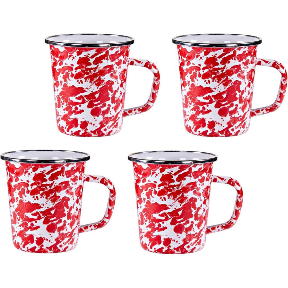 image:imageGolden Rabbit Enamelware Latte Coffee or Tea Mugs 16 ounce Solid White Textured Set of 4Red Swirl