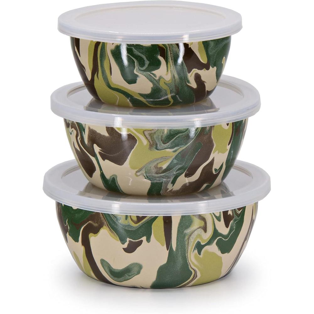 image:imageGolden Rabbit Enamelware Nesting Storage Bowls with Lids Set of 3 Solid White TexturedCamouflage