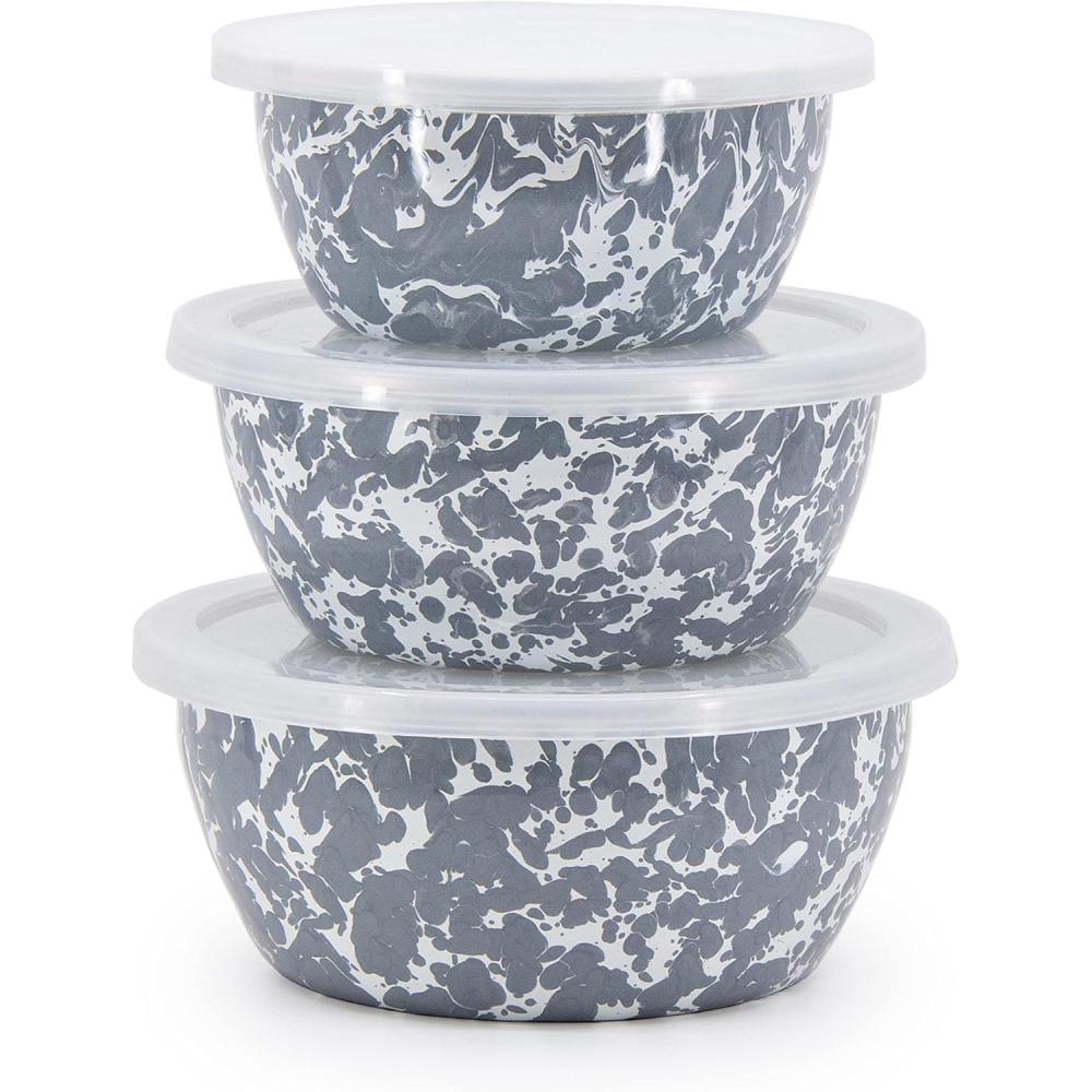 image:imageGolden Rabbit Enamelware Nesting Storage Bowls with Lids Set of 3 Solid White TexturedGrey Swirl