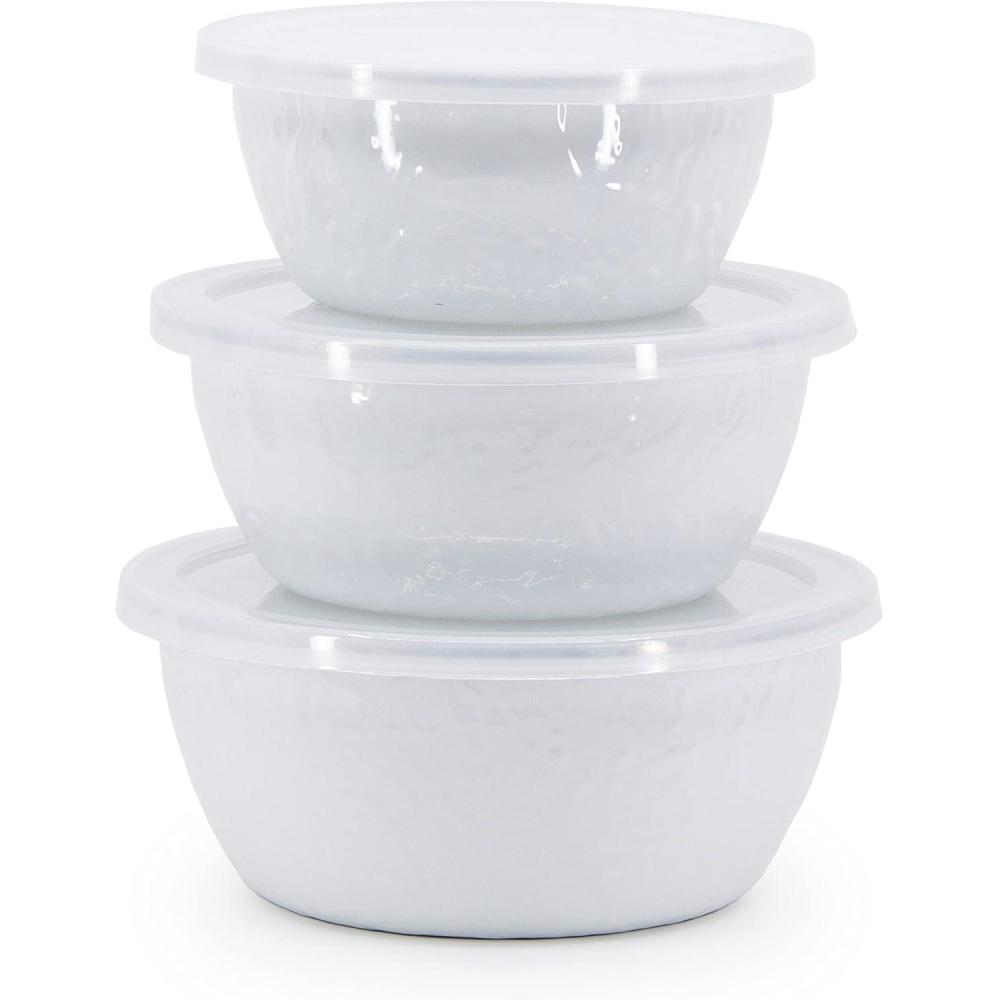 image:imageGolden Rabbit Enamelware Nesting Storage Bowls with Lids Set of 3 Solid White TexturedSolid White Textured