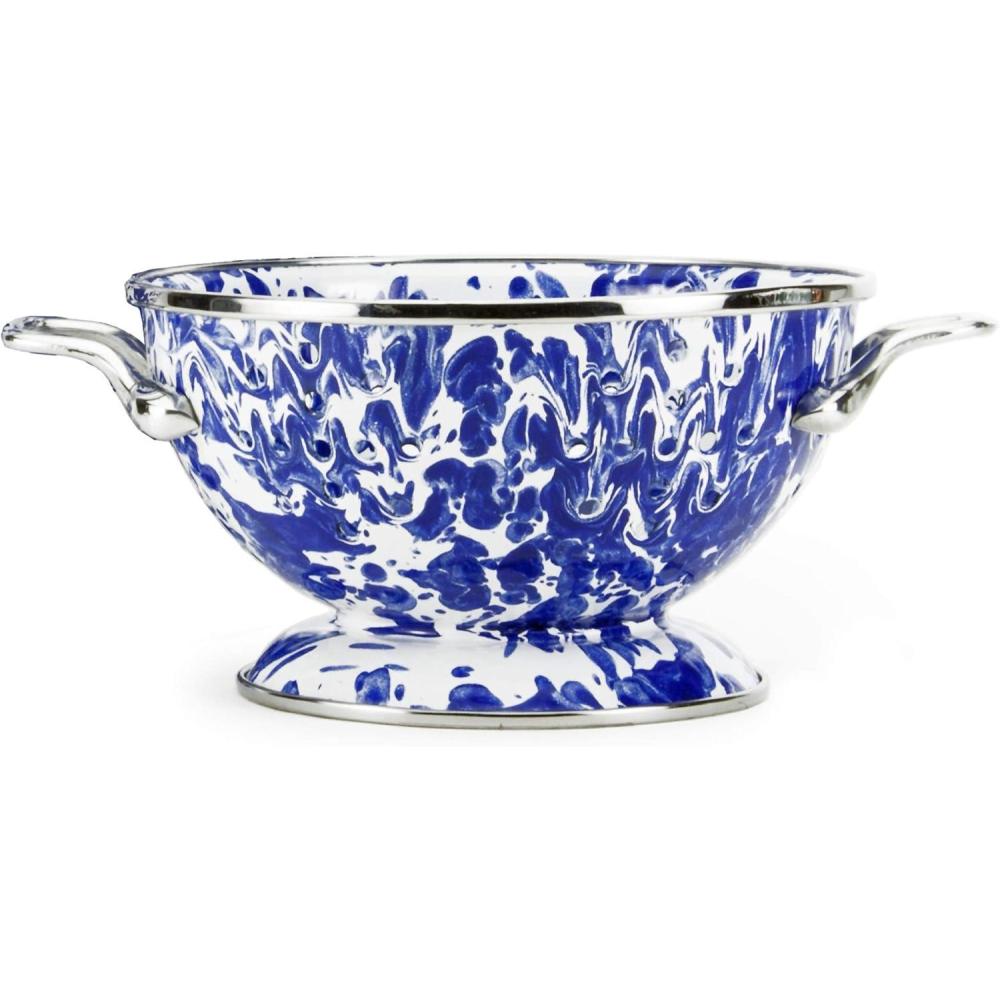 image:imageGolden Rabbit Enamelware Petite Colander 1 quart Solid White TexturedCobalt Swirl
