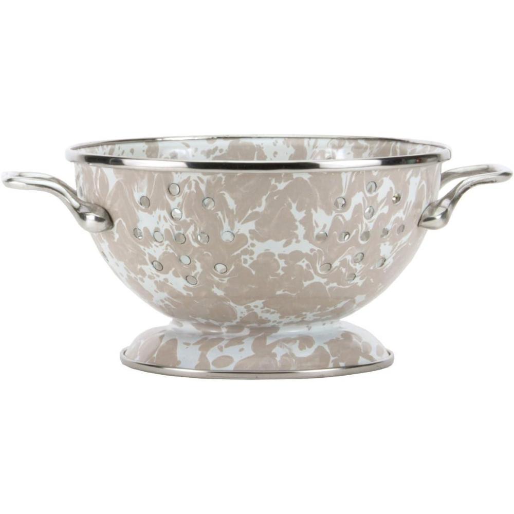 image:imageGolden Rabbit Enamelware Petite Colander 1 quart Solid White TexturedTaupe Swirl
