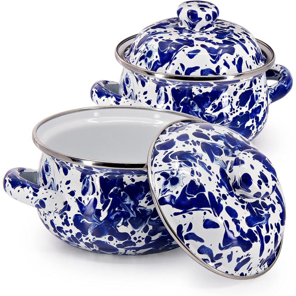 image:imageGolden Rabbit Enamelware Petite Tureens Pots 16 ounce Solid White Textured Set of 2Cobalt Swirl