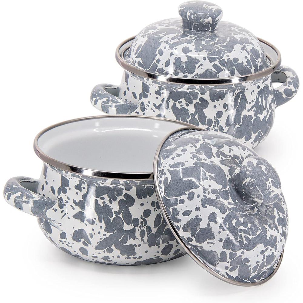 image:imageGolden Rabbit Enamelware Petite Tureens Pots 16 ounce Solid White Textured Set of 2Grey Swirl