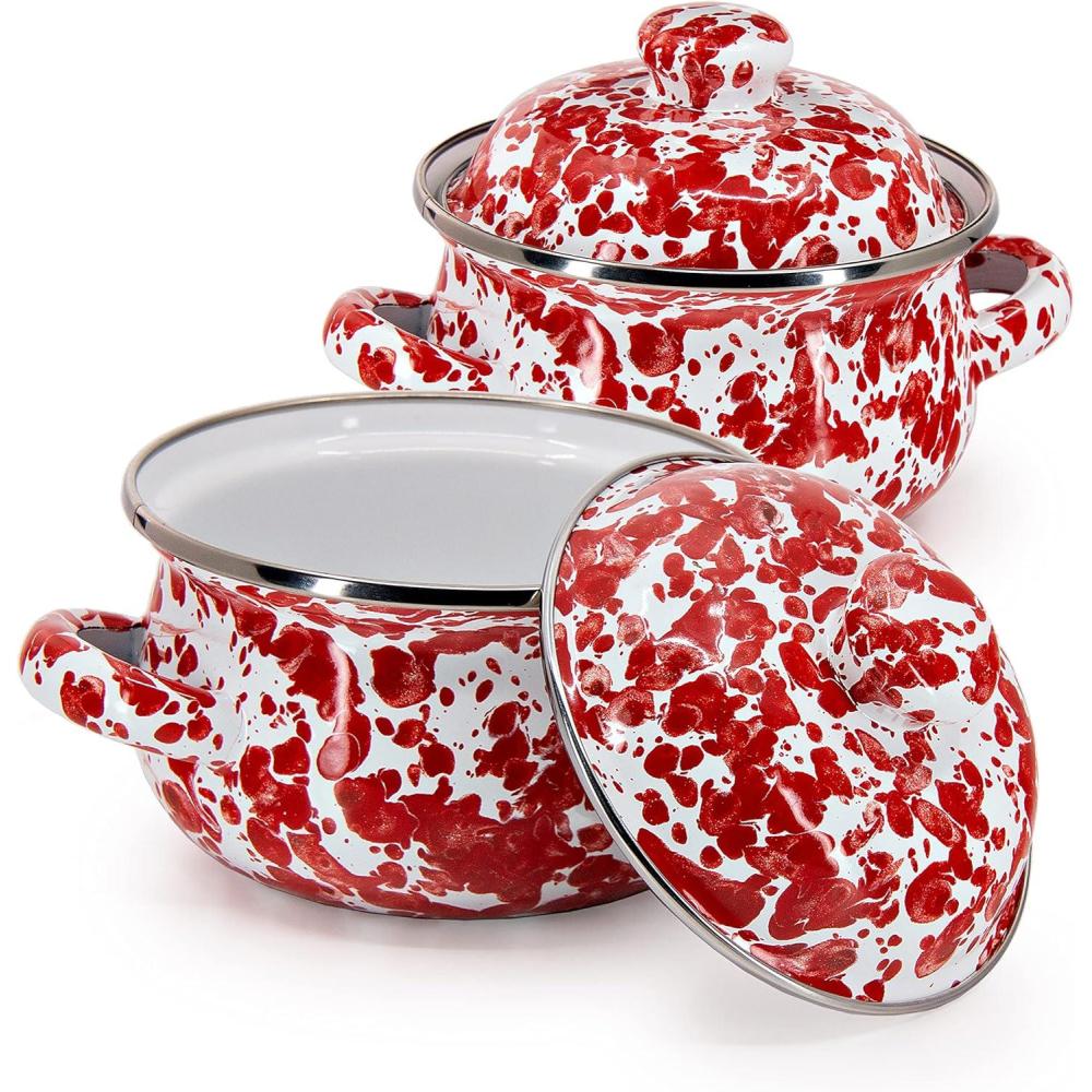 image:imageGolden Rabbit Enamelware Petite Tureens Pots 16 ounce Solid White Textured Set of 2Red Swirl