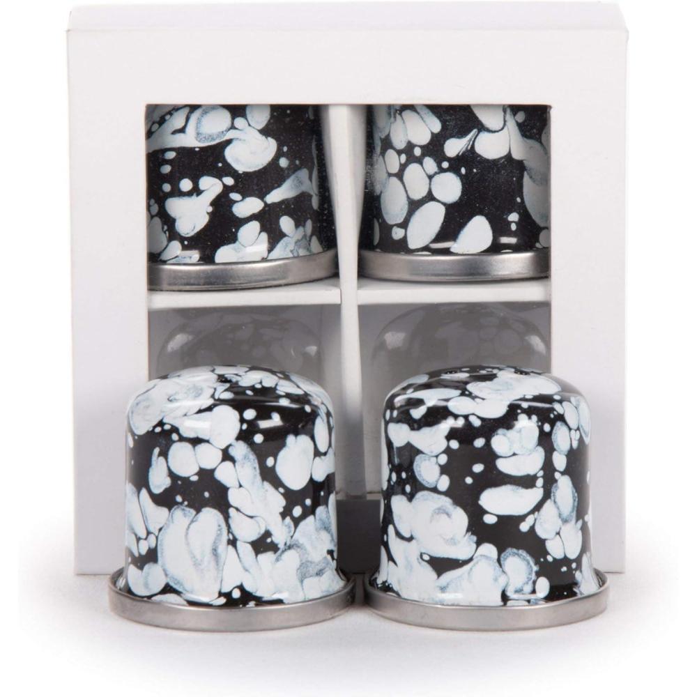 image:imageGolden Rabbit Enamelware Salt and Pepper Shakers 2 Sets in Gift Box Solid White TexturedBlack Swirl