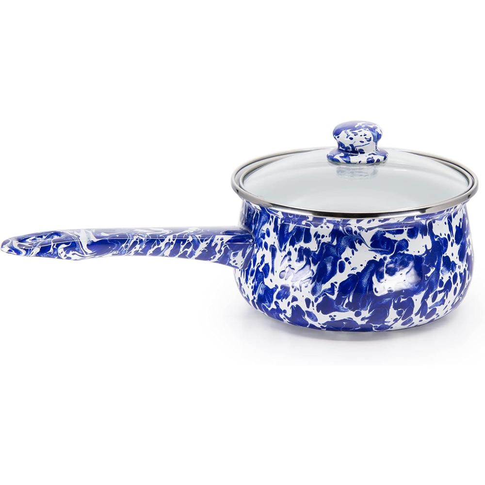 image:imageGolden Rabbit Enamelware Sauce Pan with Handle 5 cup Solid White TexturedCobalt Swirl