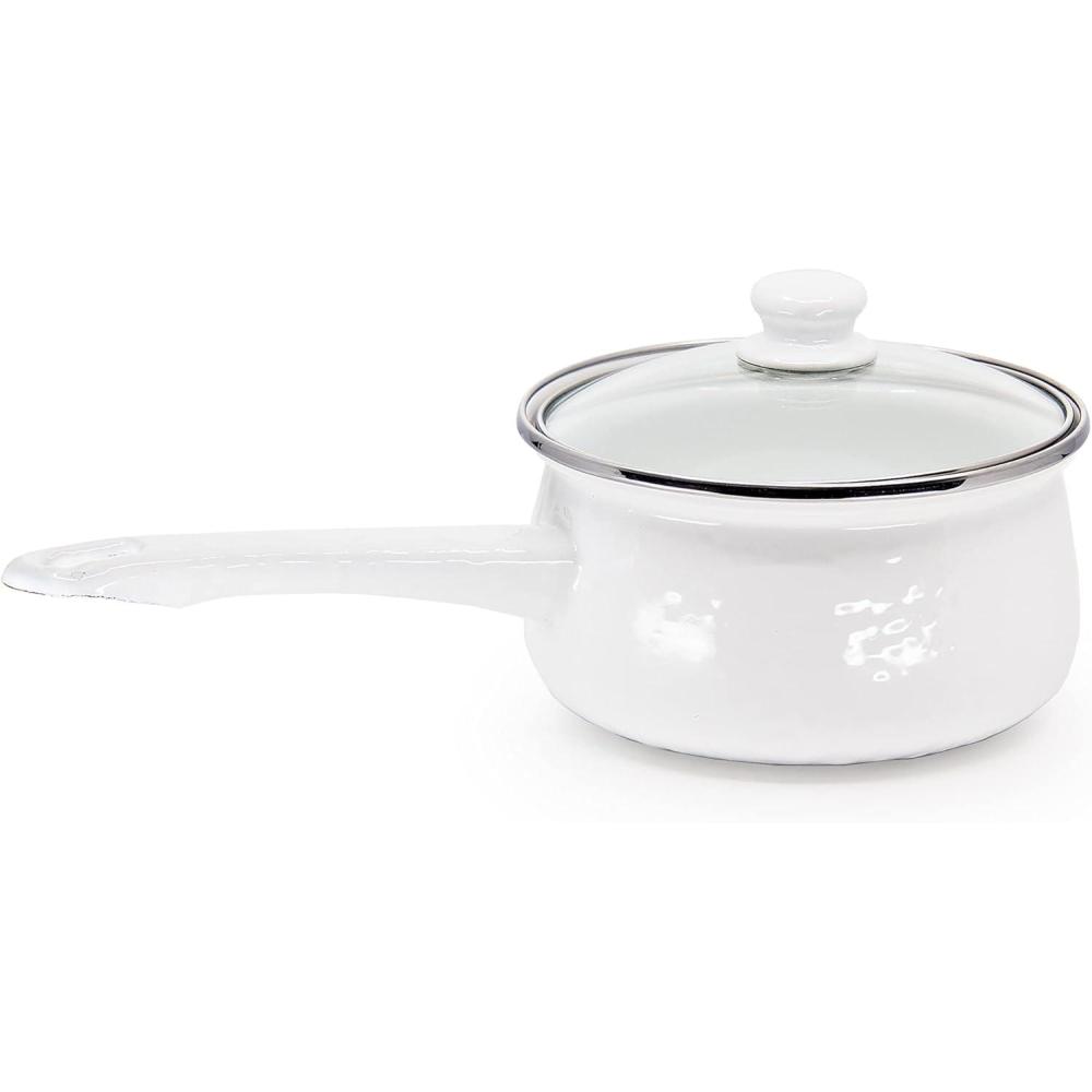 image:imageGolden Rabbit Enamelware Sauce Pan with Handle 5 cup Solid White TexturedSolid White Textured