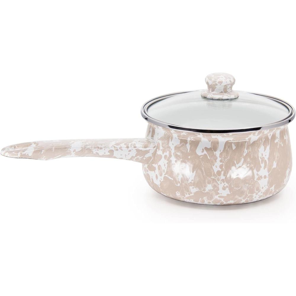 image:imageGolden Rabbit Enamelware Sauce Pan with Handle 5 cup Solid White TexturedTaupe Swirl
