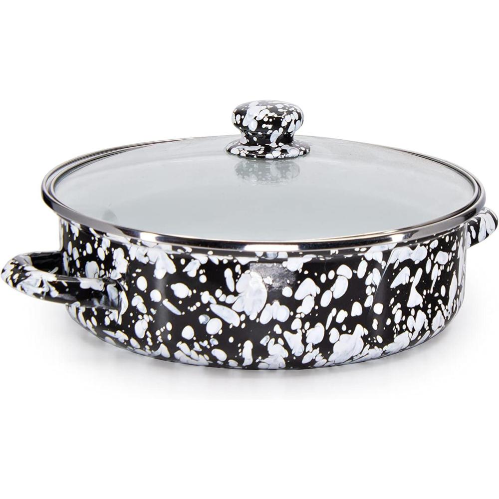 image:imageGolden Rabbit Enamelware Saute Pan 3 quart Solid White TexturedBlack Swirl