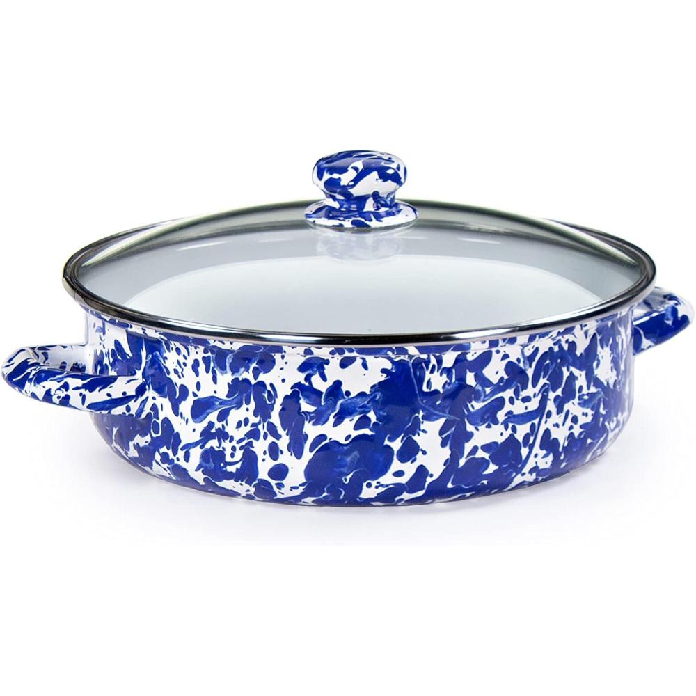 image:imageGolden Rabbit Enamelware Saute Pan 3 quart Solid White TexturedCobalt Swirl