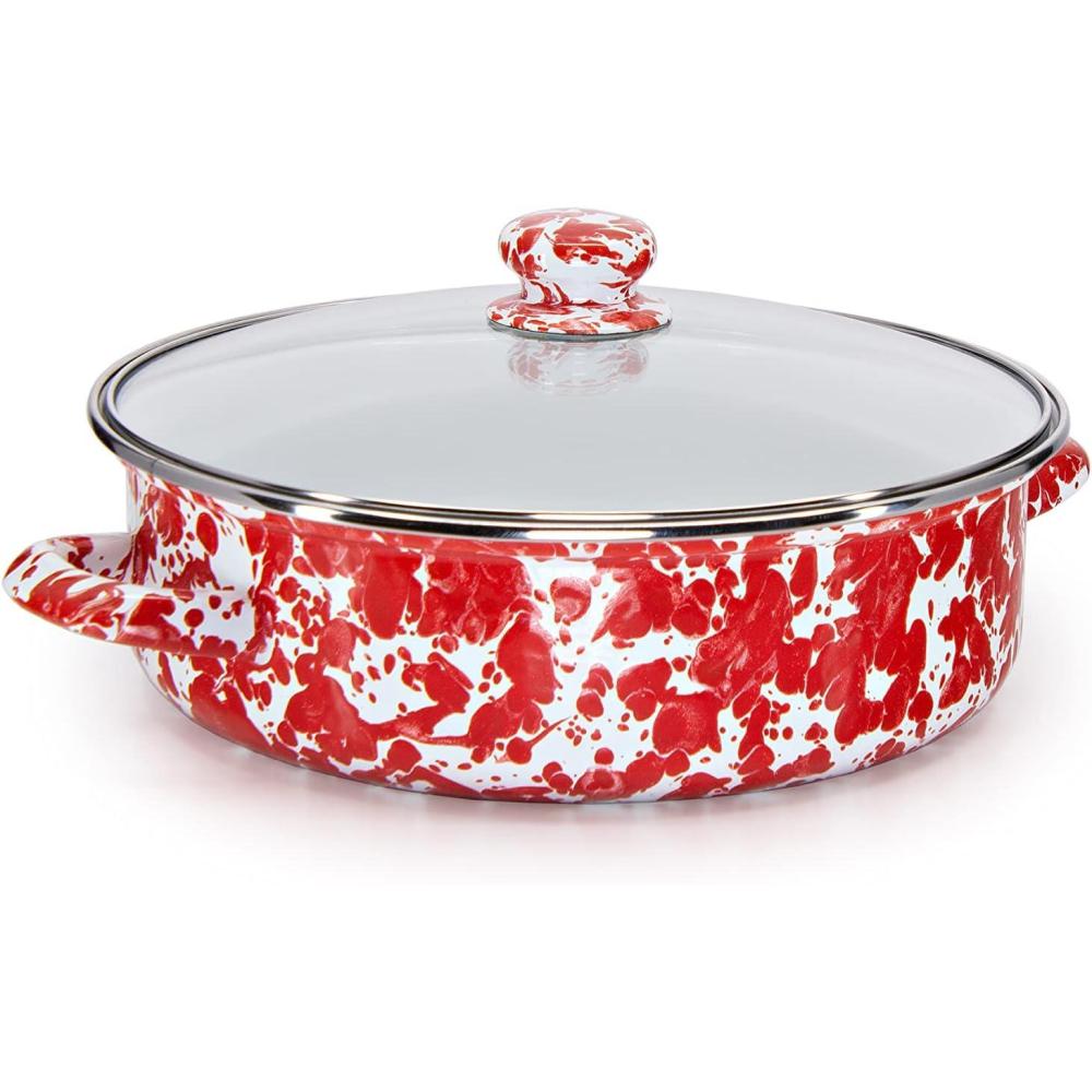 image:imageGolden Rabbit Enamelware Saute Pan 3 quart Solid White TexturedRed Swirl