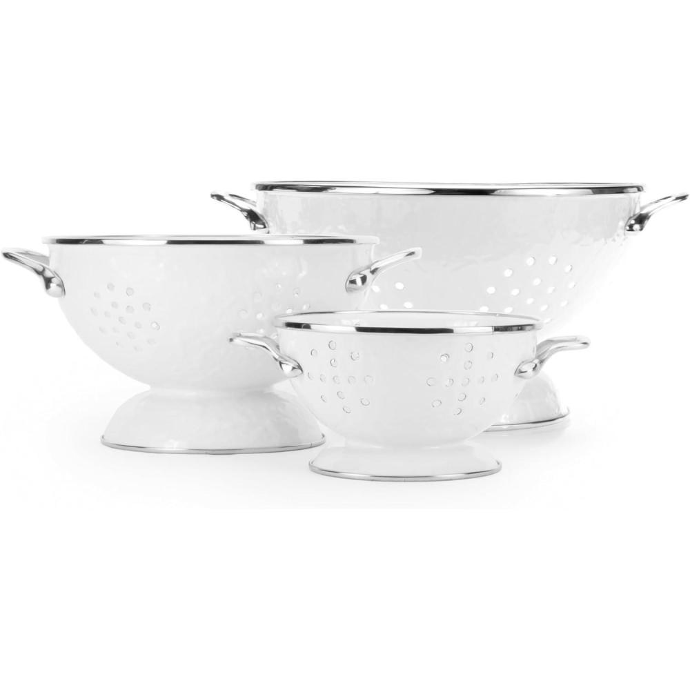 image:imageGolden Rabbit Enamelware Set of 3 Colanders 1qt 3qt and 5qt Solid White Textured
