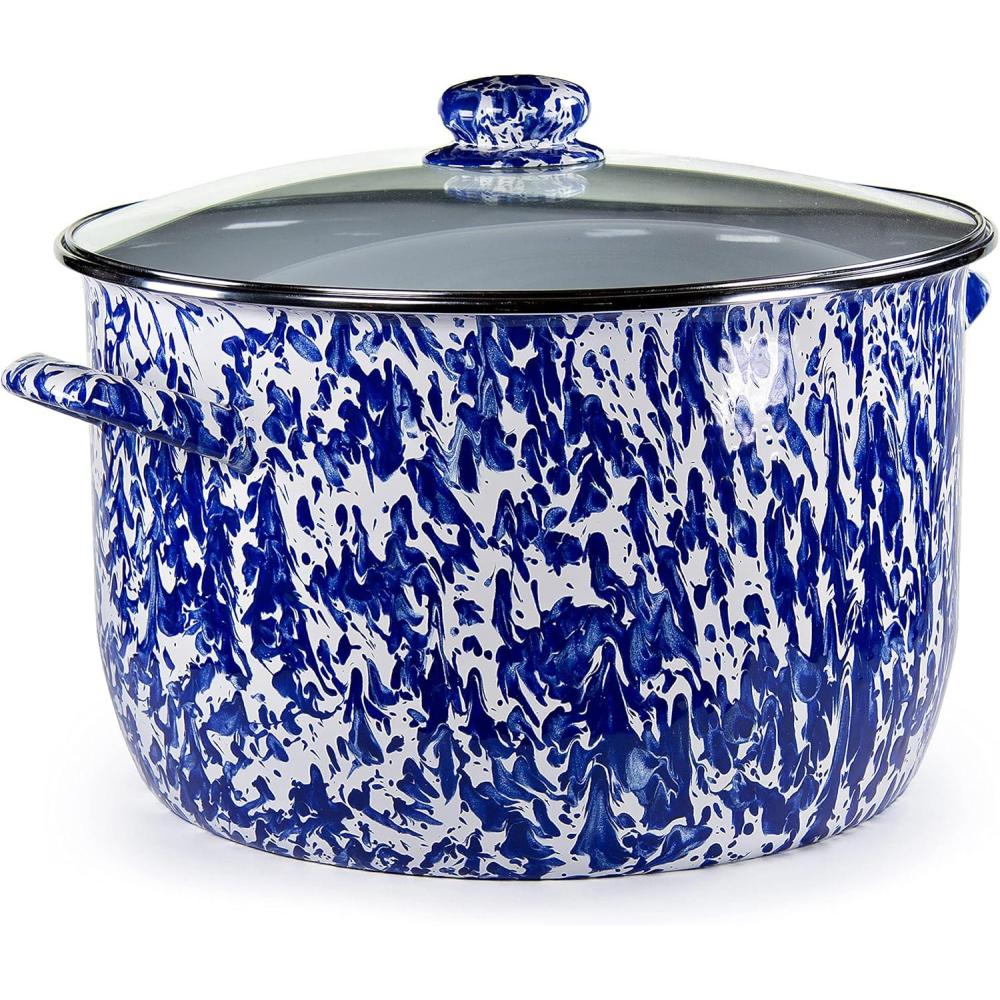 image:imageGolden Rabbit Enamelware Soup or Stock Pot 18 quart Solid White TexturedCobalt Swirl