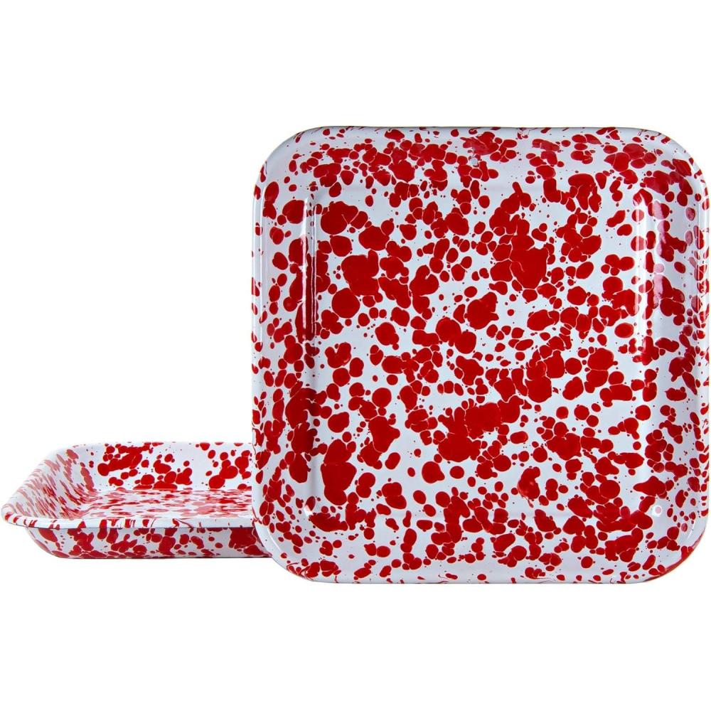 image:imageGolden Rabbit Enamelware Square Plates 105 inch Solid White Textured Set of 2Red Swirl