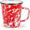 Golden Rabbit Enamelware Latte Coffee or Tea Mugs, 16 ounce, Solid White Textured, Set of 4(Red Swirl)