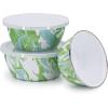 Golden Rabbit Enamelware Nesting Storage Bowls with Lids, Set of 3, Solid White Textured(Modern Monet)