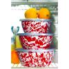 Golden Rabbit Enamelware Nesting Storage Bowls with Lids, Set of 3, Solid White Textured(Red Swirl)