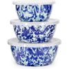Golden Rabbit Enamelware Nesting Storage Bowls with Lids, Set of 3, Solid White Textured(Ocean)