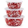 Golden Rabbit Enamelware Nesting Storage Bowls with Lids, Set of 3, Solid White Textured(Red Swirl)