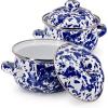 Golden Rabbit Enamelware Petite Tureens Pots, 16 ounce, Solid White Textured, Set of 2(Cobalt Swirl)