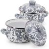Golden Rabbit Enamelware Petite Tureens Pots, 16 ounce, Solid White Textured, Set of 2(Grey Swirl)