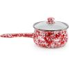 Golden Rabbit Enamelware Sauce Pan with Handle, 5 cup, Solid White Textured(Red Swirl)