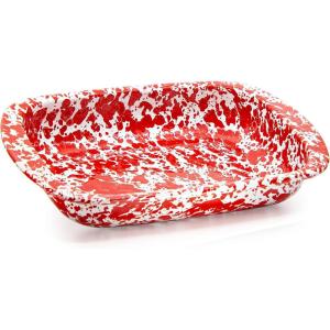 Golden Rabbit Enamelware Baking Pan, 3 quart, Solid White Textured(Red Swirl)