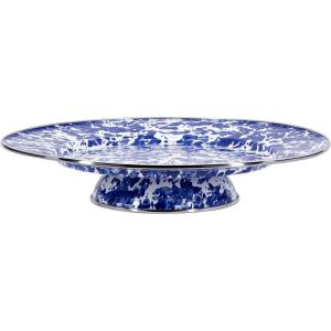 Golden Rabbit Enamelware Cake Plate, 12.5 inch, Solid White Textured(Cobalt Swirl)
