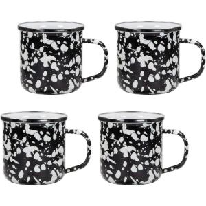 Golden Rabbit Enamelware Coffee or Tea Mugs, 12 ounce, Solid White Textured, Set of 4(Black Swirl)