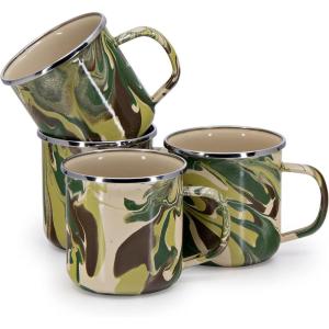 Golden Rabbit Enamelware Coffee or Tea Mugs, 12 ounce, Solid White Textured, Set of 4(Camouflage)