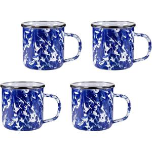 Golden Rabbit Enamelware Coffee or Tea Mugs, 12 ounce, Solid White Textured, Set of 4(Cobalt Swirl)