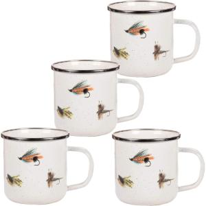 Golden Rabbit Enamelware Coffee or Tea Mugs, 12 ounce, Solid White Textured, Set of 4(Fishing Fly)