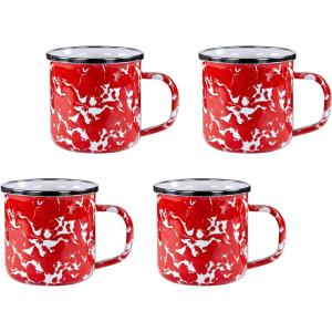 Golden Rabbit Enamelware Coffee or Tea Mugs, 12 ounce, Solid White Textured, Set of 4(Red Swirl)