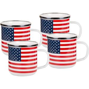 Golden Rabbit Enamelware Coffee or Tea Mugs, 12 ounce, Solid White Textured, Set of 4(Stars & Stripes)