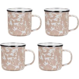 Golden Rabbit Enamelware Coffee or Tea Mugs, 12 ounce, Solid White Textured, Set of 4(Taupe Swirl)