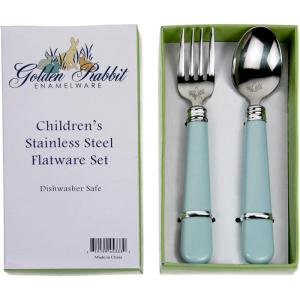 Golden Rabbit Enamelware Flatware Gift Set, Fork and Spoon, Solid White Textured(Robin’s Egg)