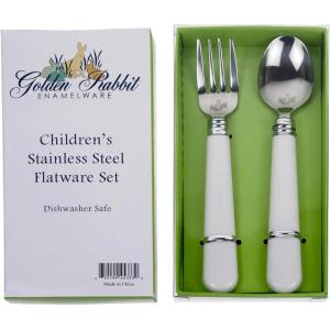 Golden Rabbit Enamelware Flatware Gift Set, Fork and Spoon, Solid White Textured(Solid White Textured)