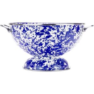 Golden Rabbit Enamelware Large Colander, 5 quart, Solid White Textured(Cobalt Swirl)